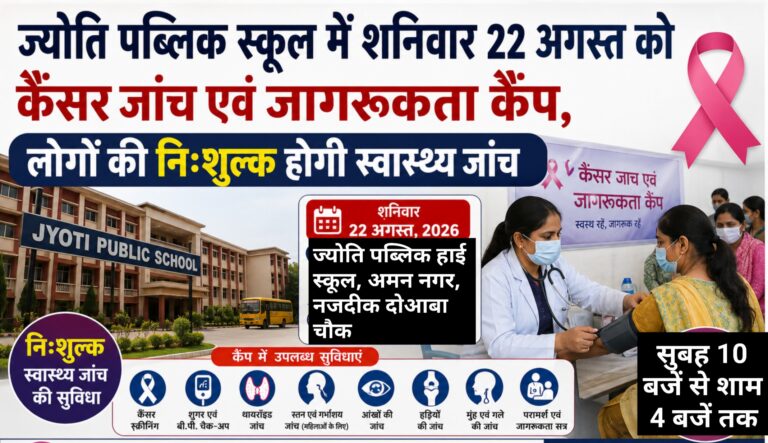 Read more about the article जालंधर के ज्योति पब्लिक हाई स्कूल में आज शनिवार 22 अगस्त को कैंसर जांच एवं जागरूकता कैंप, लोगों की होगी निःशुल्क स्वास्थ्य जांच